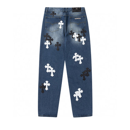 CHROME Hearts White Cross Patch Jeans Denim - Black Unisex Streetwear Limited Edition