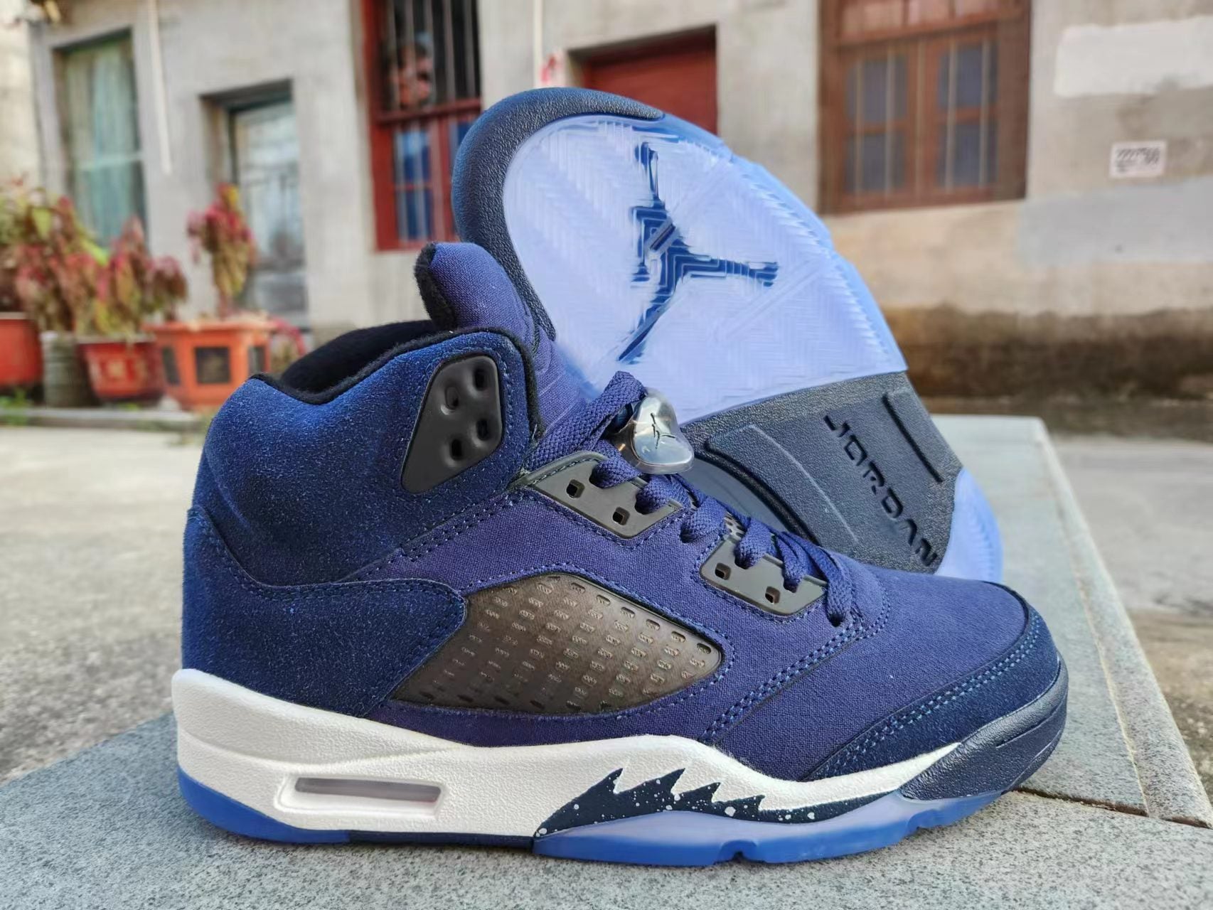 Jordan 5 Blue And - White Unisex Streetwear Limited Edition - Step into a world of sleek style and premium craftsmanship with the Air Jordan 5
