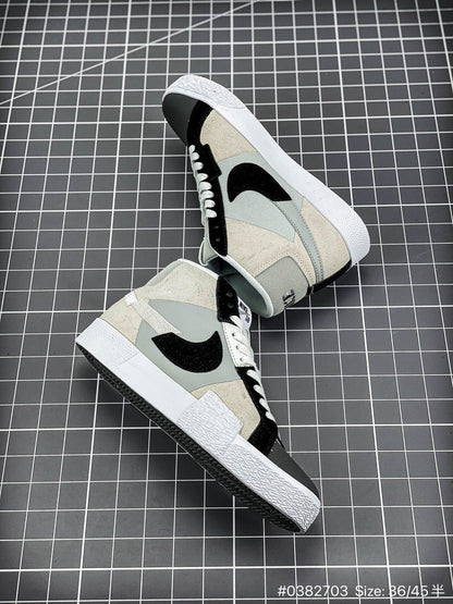 Nike Blazer Mid'1977 - Black Unisex Streetwear Limited Edition - The Nike Blazer High-Top '1977 'Mismatched Swoosh' in Grey and Black offers a bold and