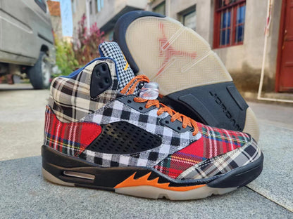 Jordan 5 Bold Plaid Multi-colorway Sneakers - Black Unisex Streetwear Limited Edition - Step out in style with the Air Jordan 5 in a bold plaid multi-colorway, a