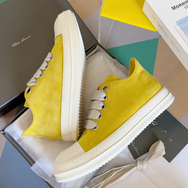 Rick Owens Suede Low-top Sneakers - Yellow Unisex Streetwear Limited Edition - **Rick Owens Yellow Suede Low-Top Sneakers: Bright Style and Superior Craftsmanship** Introducing the Rick Owens