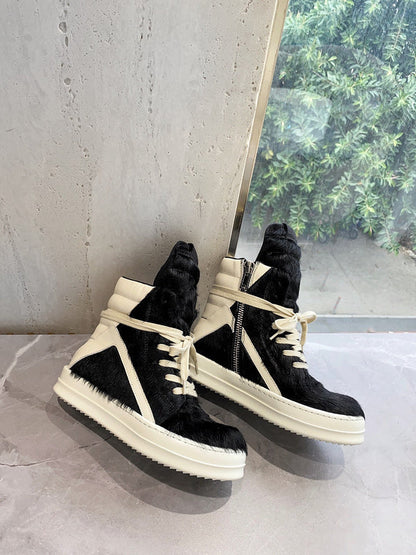 Rick Owens Geobasket Sneakers - Black Pony Hair - close up - replica sneakers