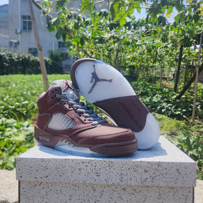 Jordan 5 Maroon - Grey Unisex Streetwear Limited Edition - Step into sophistication with the Air Jordan 5 in a luxurious maroon colorway, a sneaker