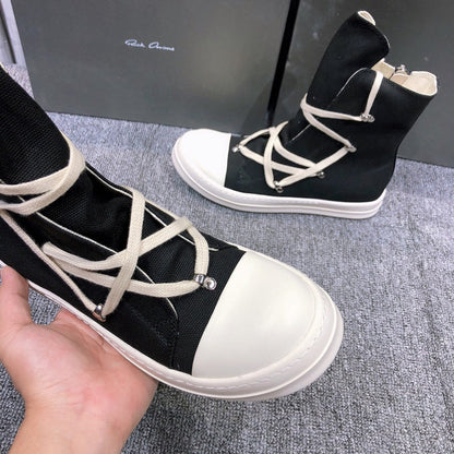 High-Top Canvas Sneakers With Wrap-around Laces - Black Unisex Streetwear Limited Edition - **High-Top Black Canvas Sneakers with Wrap-Around Laces** Elevate your footwear game with these high-top bla
