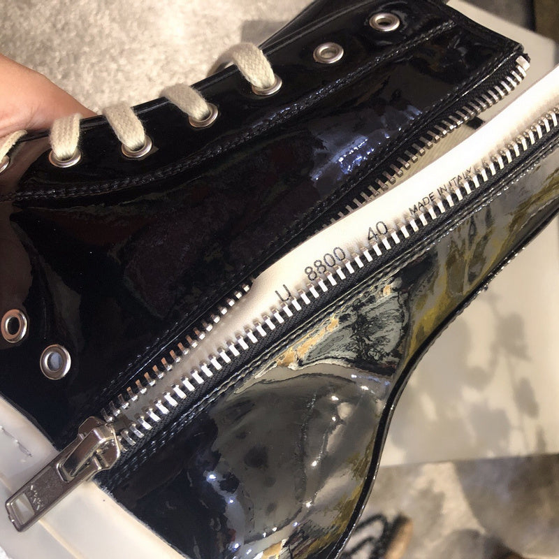 High-Top Patent Leather Sneakers - Black Unisex Streetwear Limited Edition - **High-Top Black Patent Leather Sneakers** Make a bold statement with these high-top black patent leather
