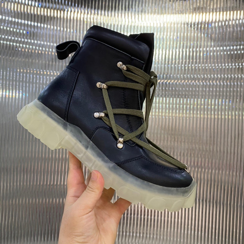 Rick Owens Combat Boots - Leather With Olive Laces And Translucent Sole Jacket - Black Unisex Streetwear Limited Edition - ### Rick Owens Combat Boots - Black Leather with Olive Laces and Translucent