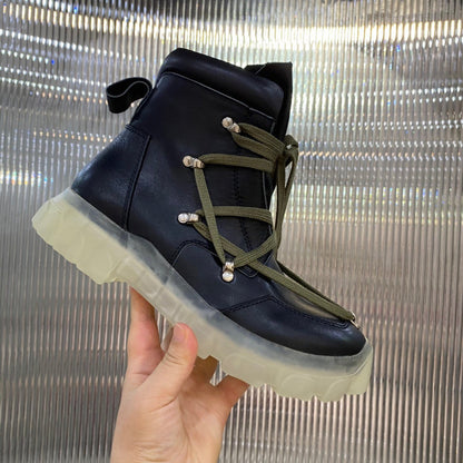 Rick Owens Combat Boots - Leather With Olive Laces And Translucent Sole Jacket - Black Unisex Streetwear Limited Edition - ### Rick Owens Combat Boots - Black Leather with Olive Laces and Translucent