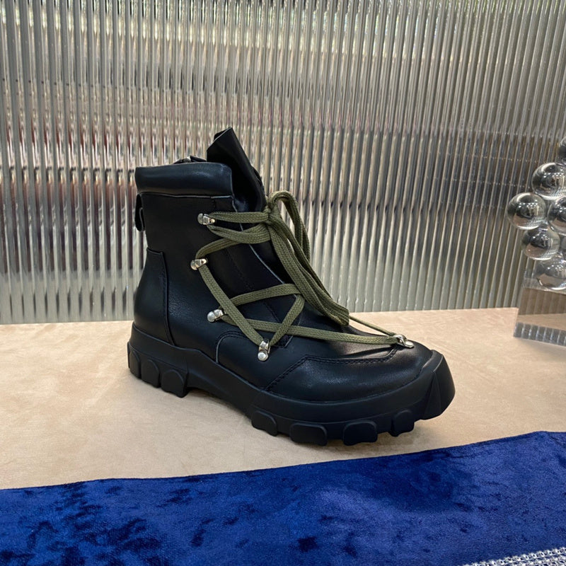 Rick Owens Combat Boots - Leather With Olive Laces Jacket - Black Unisex Streetwear Limited Edition - ### Rick Owens Combat Boots - Black Leather with Olive Laces Introducing the Rick Owens