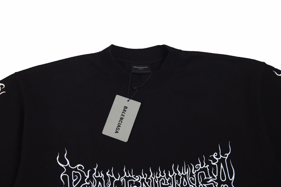 Balenciaga T-shirt With Gothic Flame Logo - Black Unisex Streetwear Limited Edition - <p dir='ltr'><span>Black t-shirt featuring a white Balenciaga logo in a gothic flame font. Unique