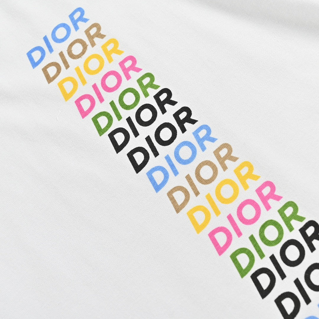 Dior T-shirt - Multicolor Vertical Logo - White Unisex Streetwear Limited Edition - <span>This Dior t-shirt features a sleek white base with a vibrant multicolor 'DIOR' logo repeated
