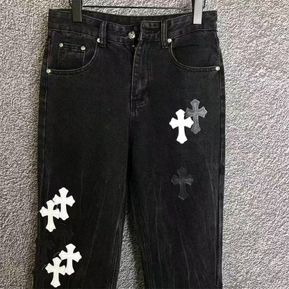 CHROME Hearts White Cross Patch Jeans - Black Unisex Streetwear Limited Edition