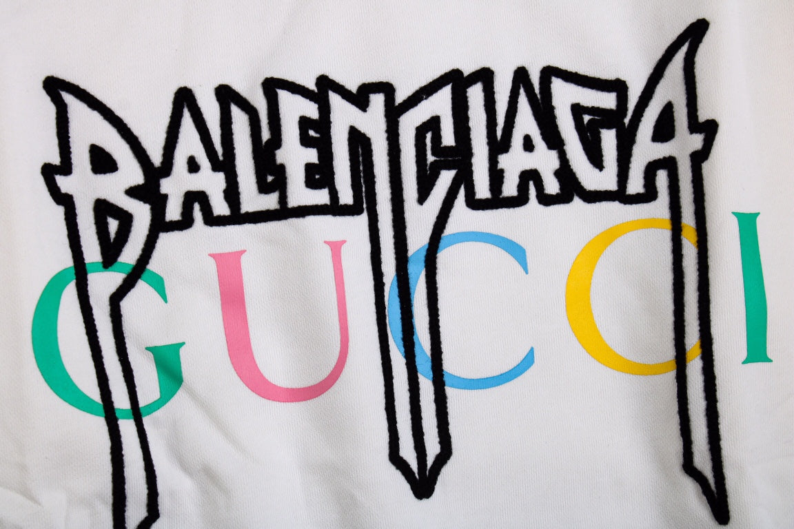 Gucci - Balenciaga Sweatshirt - Black Unisex Streetwear Limited Edition - White sweatshirt featuring a bold graphic design. 'BALENCIAGA' in black gothic font overlaid with 'GUCCI'