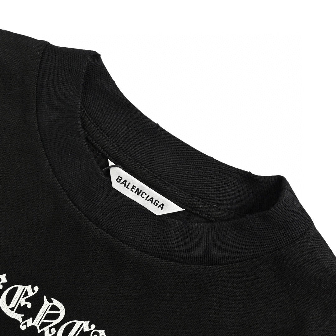 T-shirt noir Balenciaga Society avec motif blanc.