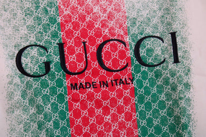 Gucci Sweatshirt - White Unisex Streetwear Limited Edition - White sweatshirt featuring the iconic Gucci green and red web design. Overlaid with the 'GUCCI'