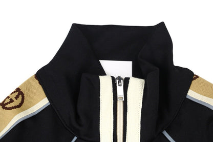 Gucci Gg Logo Stripe Track Jacket - - Black Unisex Streetwear Limited Edition - This Gucci track jacket showcases a classic black design with bold beige GG logo stripes