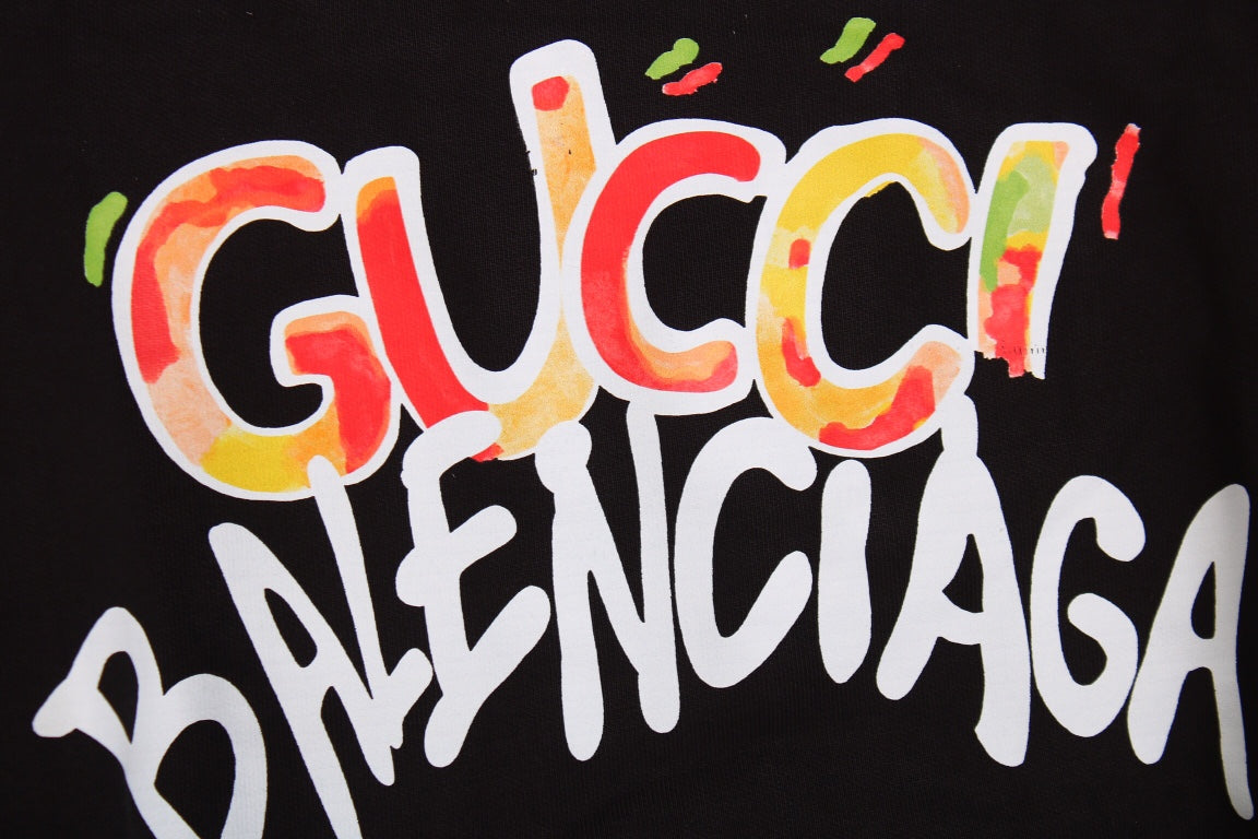 Gucci - Balenciaga Sweatshirt - Black Unisex Streetwear Limited Edition - Black sweatshirt featuring a playful, colorful 'Gucci Balenciaga' graphic. Designed with ribbed cuffs and hem