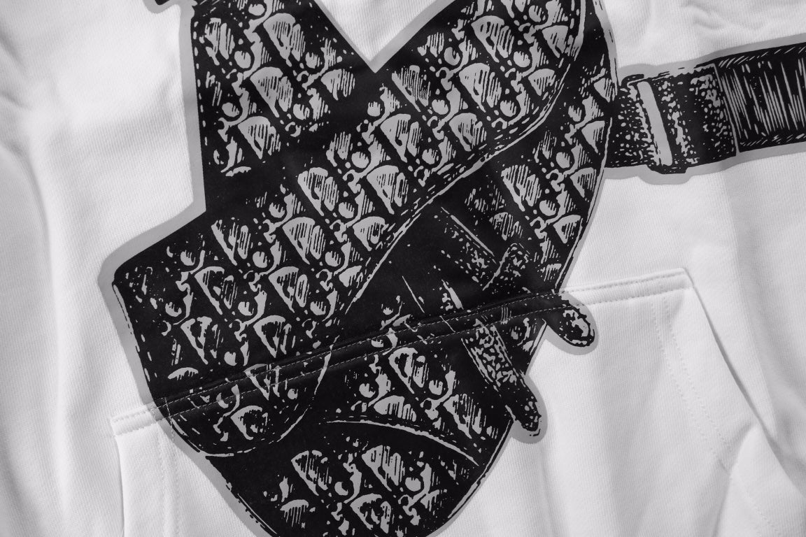 Dior Hoodie With Bag Design - White Unisex Streetwear Limited Edition - This Dior hoodie features a unique graphic of a bag slung across the front, adding
