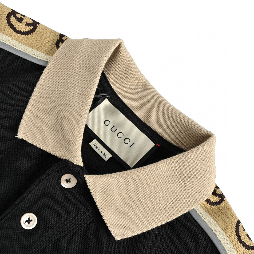 Gucci Polo Shirt With Logo Tape - Black Unisex Streetwear Limited Edition - This Gucci Polo Shirt in classic black features signature logo tape detailing along the shoulders