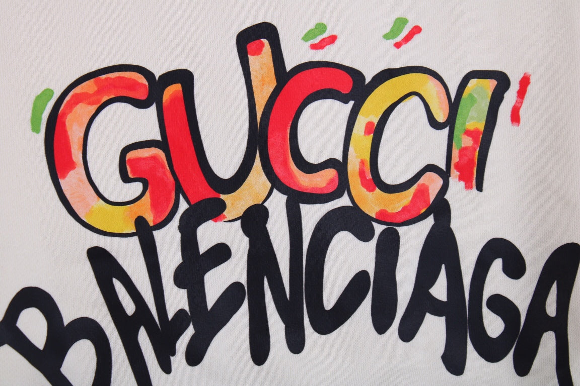 Gucci - Balenciaga Sweatshirt - White Unisex Streetwear Limited Edition - White sweatshirt featuring a playful, colorful 'Gucci Balenciaga' graphic. Designed with ribbed cuffs and hem