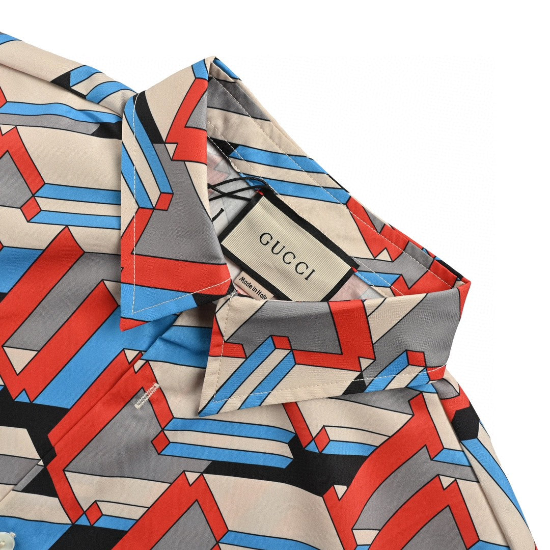 Gucci Geometric Logo Print Shirt - Red Unisex Streetwear Limited Edition - This Gucci shirt features an eye-catching geometric logo print in vibrant red, blue, and gray