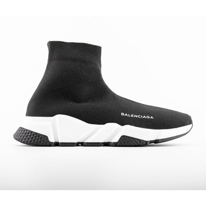 BALENCIAGA Speed Trainer - White - Black Unisex Streetwear Limited Edition - The Balenciaga Speed Trainer x Black White Black edition presents a striking monochromatic design that