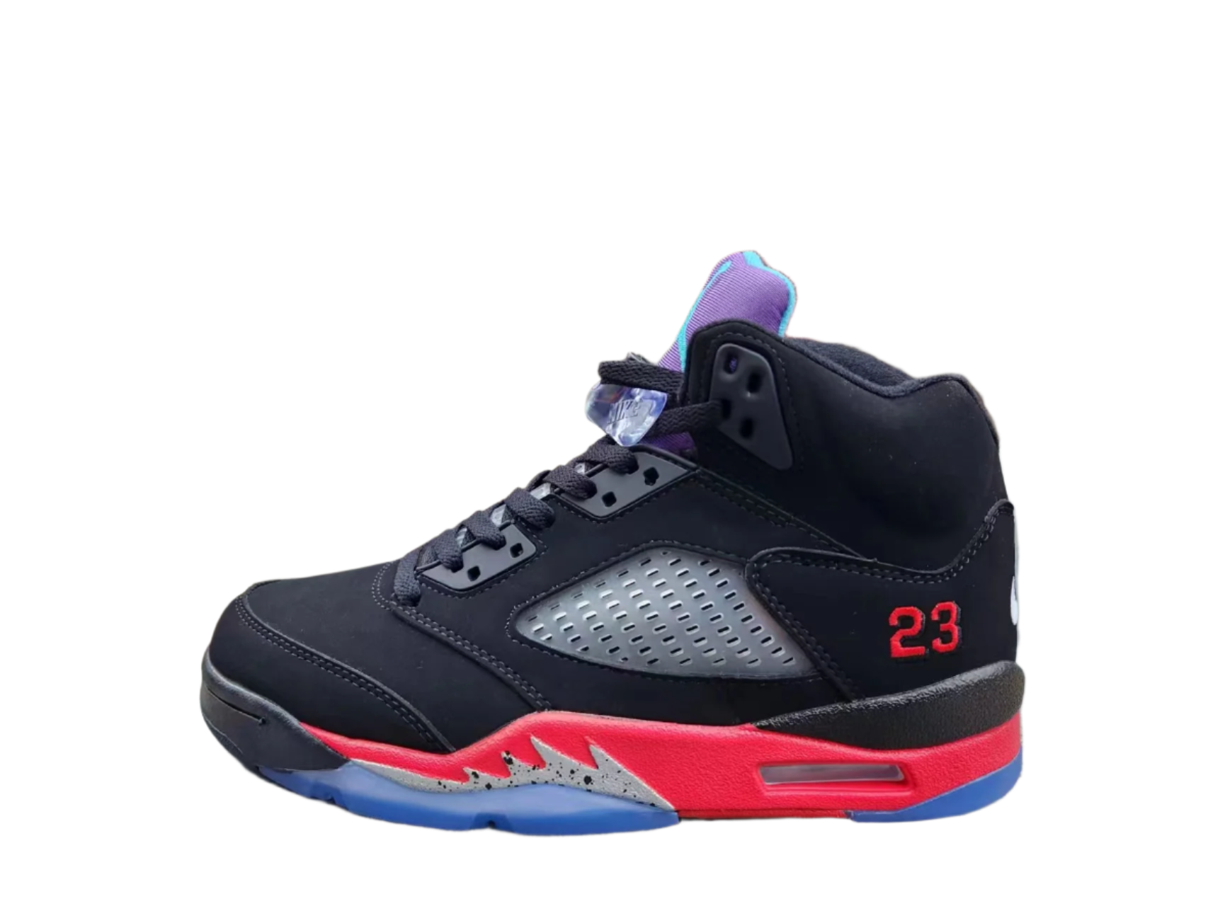 Jordan 5 Black, Red And Purple Unisex Streetwear Limited Edition - Step up your sneaker game with the Air Jordan 5 in a striking black, red,
