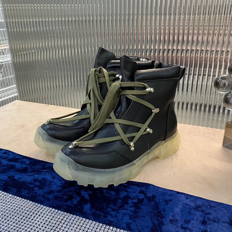 Rick Owens Combat Boots - Leather With Olive Laces And Translucent Sole Jacket - Black Unisex Streetwear Limited Edition - ### Rick Owens Combat Boots - Black Leather with Olive Laces and Translucent