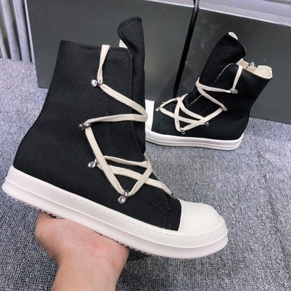 High-Top Canvas Sneakers With Wrap-around Laces - Black Unisex Streetwear Limited Edition - **High-Top Black Canvas Sneakers with Wrap-Around Laces** Elevate your footwear game with these high-top bla