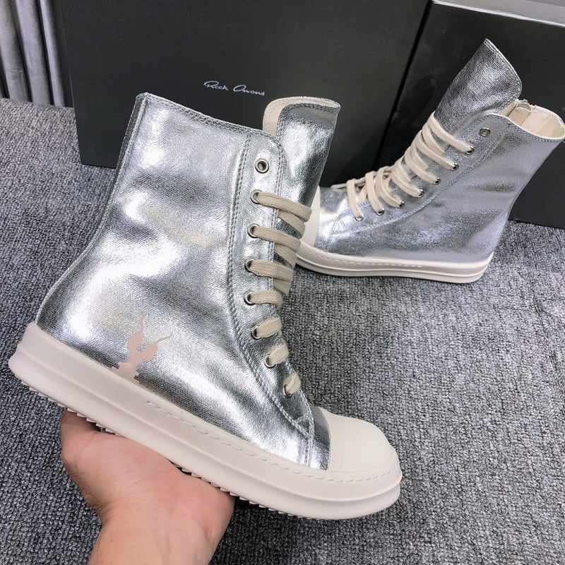 Rick Owens Metallic High-top Sneakers - White Unisex Streetwear Limited Edition - **Rick Owens Metallic High-Top Sneakers** Introducing the Rick Owens Metallic High-Top Sneakers, a bold statement