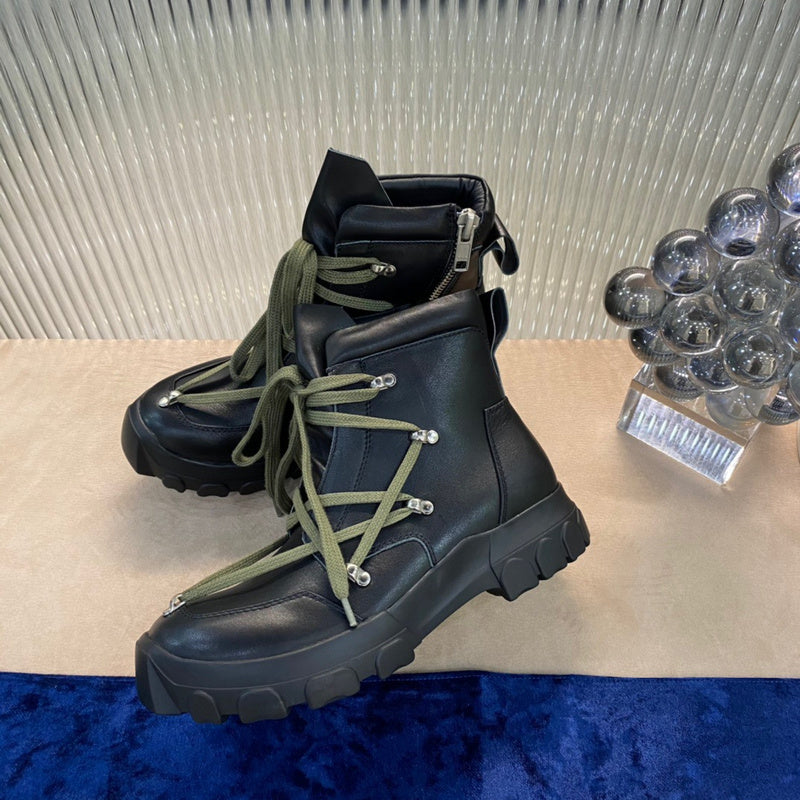 Rick Owens Combat Boots - Leather With Olive Laces Jacket - Black Unisex Streetwear Limited Edition - ### Rick Owens Combat Boots - Black Leather with Olive Laces Introducing the Rick Owens