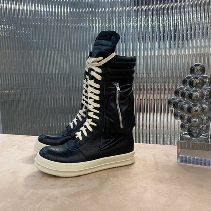 Rick Owens High-top Leather Boots - And Cream T-Shirt - Black Unisex Streetwear Limited Edition - ### Rick Owens High-Top Leather Boots - Black and Cream Introducing the Rick Owens High-Top