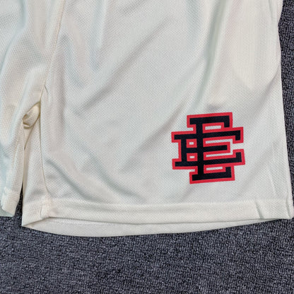 ERIC Emanuel Ee Basic Shorts Cream - - Red - Black Unisex Streetwear Limited Edition - The ERIC EMANUEL EE BASIC SHORTS CREAM/BLACK/RED - REPLICA bring together luxury streetwear aesthetics and
