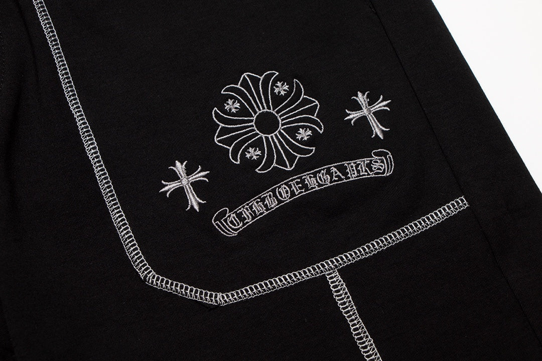 CHROME HEARTS WHITE EMBROIDERY SHORTS BLACK - close up - replica sneakers