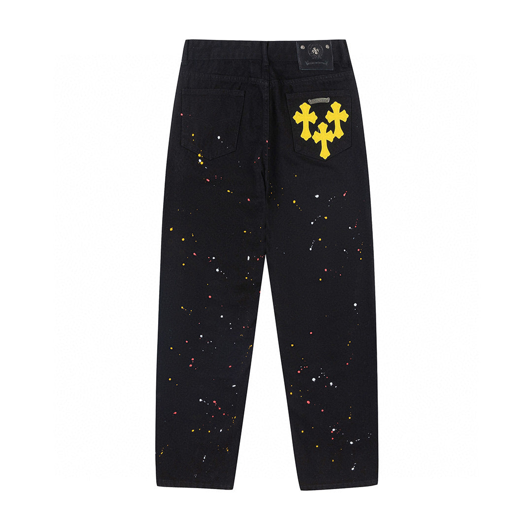 CHROME Hearts Paint Drip Yellow Cross Patch Jeans - Black Unisex Streetwear Limited Edition