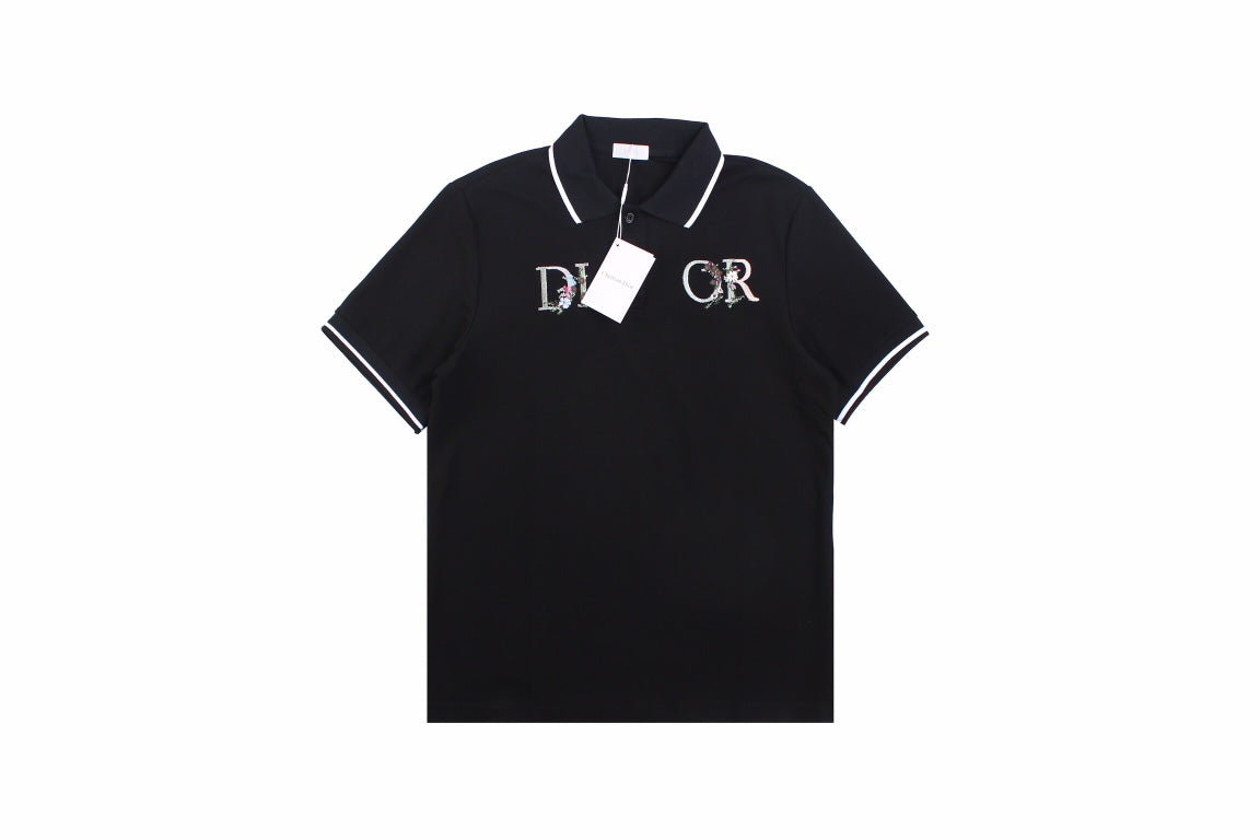 Dior Polo Shirt With Floral Logo Design - Black Unisex Streetwear Limited Edition - <p dir='ltr'><span>This Dior polo shirt features a floral logo design. It is black with