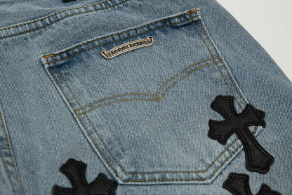 CHROME HEARTS BLACK CROSS PATCH JORTS WASHED DENIM - close up - replica sneakers