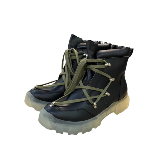 Rick Owens Combat Boots - Leather With Olive Laces And Translucent Sole Jacket - Black Unisex Streetwear Limited Edition - ### Rick Owens Combat Boots - Black Leather with Olive Laces and Translucent