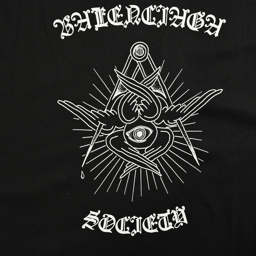 T-shirt noir Balenciaga Society avec motif blanc.