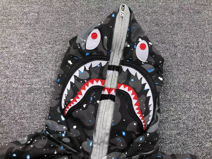 BAPE Space Camo Double Shark Full Zip Hoodie - Black Unisex Streetwear Limited Edition