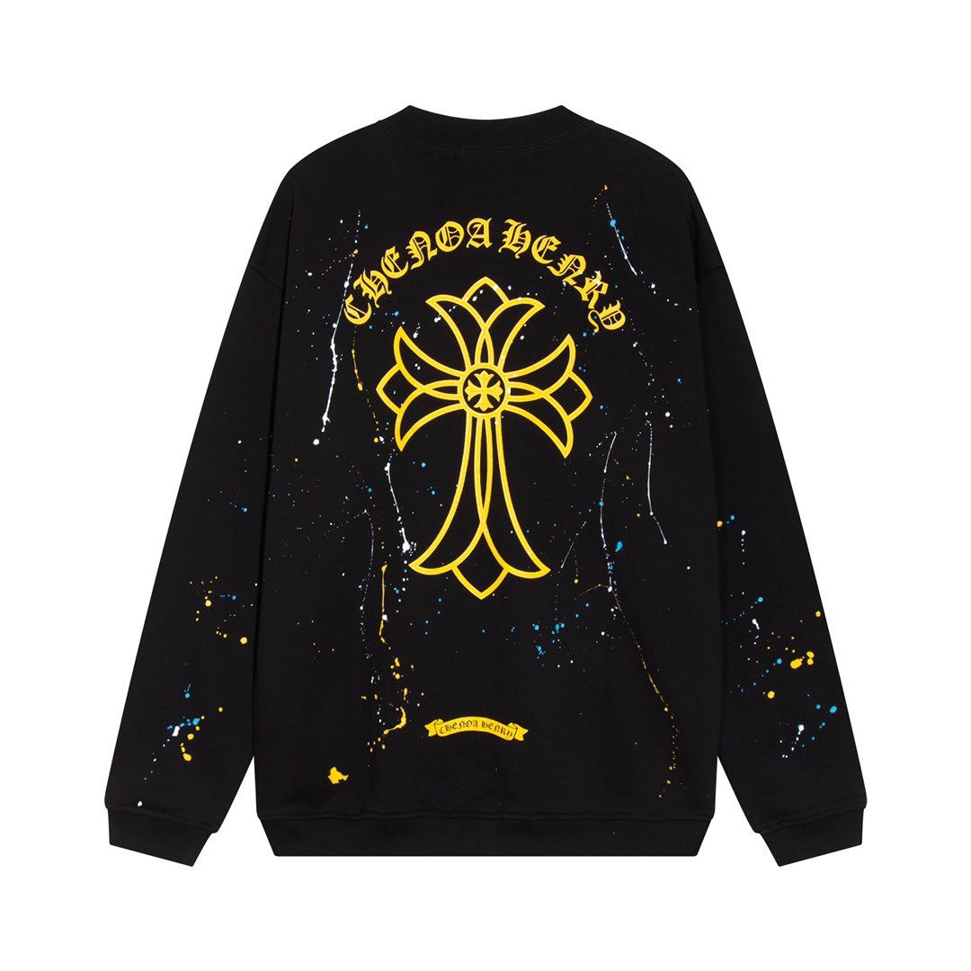 CHROME Hearts Paint Drip Yellow Cross Sweatshirt - Black Unisex Streetwear Limited Edition