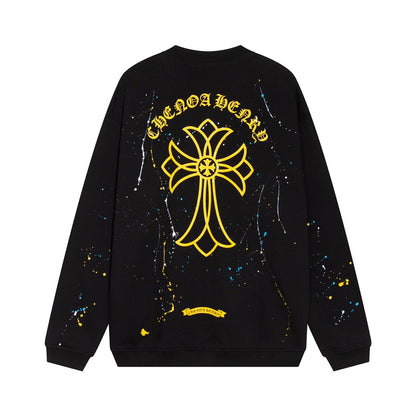 CHROME Hearts Paint Drip Yellow Cross Sweatshirt - Black Unisex Streetwear Limited Edition