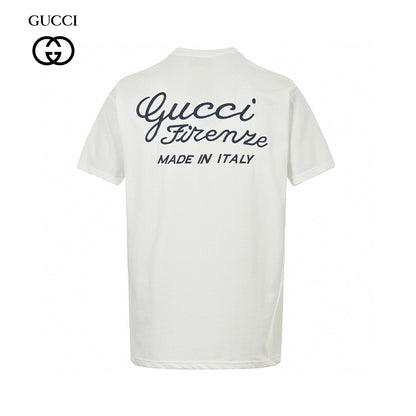 Gucci T-shirt With Script Logo - White Unisex Streetwear Limited Edition - <span>Elegant and timeless. Features 'Gucci Firenze' script and 'Made in Italy' text on the back.