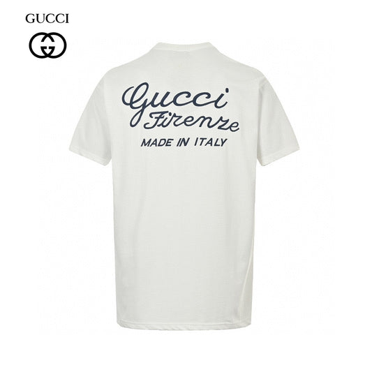 Gucci T-shirt With Script Logo - White Unisex Streetwear Limited Edition - <span>Elegant and timeless. Features 'Gucci Firenze' script and 'Made in Italy' text on the back.