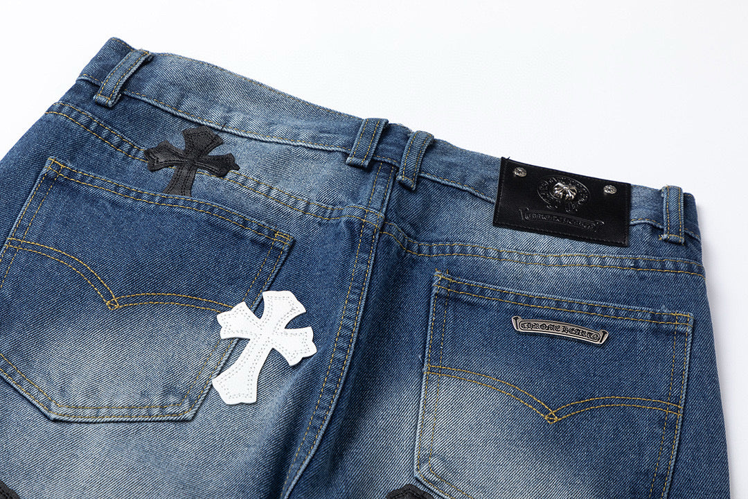 CHROME Hearts White Cross Patch Jeans Denim - Black Unisex Streetwear Limited Edition