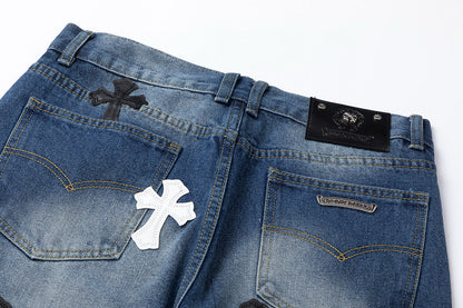 CHROME Hearts White Cross Patch Jeans Denim - Black Unisex Streetwear Limited Edition