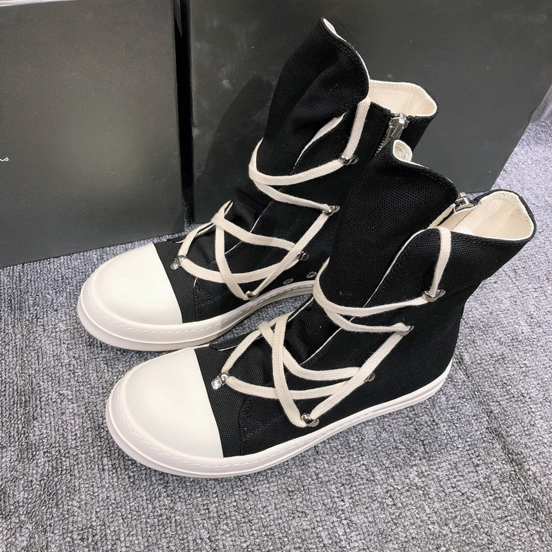 High-Top Canvas Sneakers With Wrap-around Laces - Black Unisex Streetwear Limited Edition - **High-Top Black Canvas Sneakers with Wrap-Around Laces** Elevate your footwear game with these high-top bla