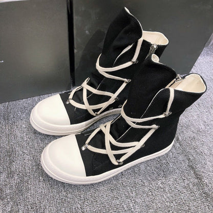 High-Top Canvas Sneakers With Wrap-around Laces - Black Unisex Streetwear Limited Edition - **High-Top Black Canvas Sneakers with Wrap-Around Laces** Elevate your footwear game with these high-top bla