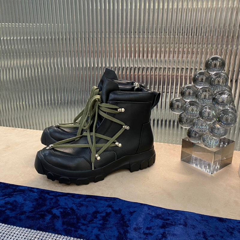 Rick Owens Combat Boots - Leather With Olive Laces Jacket - Black Unisex Streetwear Limited Edition - ### Rick Owens Combat Boots - Black Leather with Olive Laces Introducing the Rick Owens
