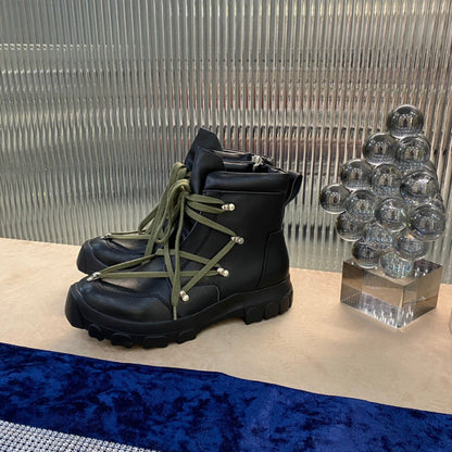 Rick Owens Combat Boots - Leather With Olive Laces Jacket - Black Unisex Streetwear Limited Edition - ### Rick Owens Combat Boots - Black Leather with Olive Laces Introducing the Rick Owens