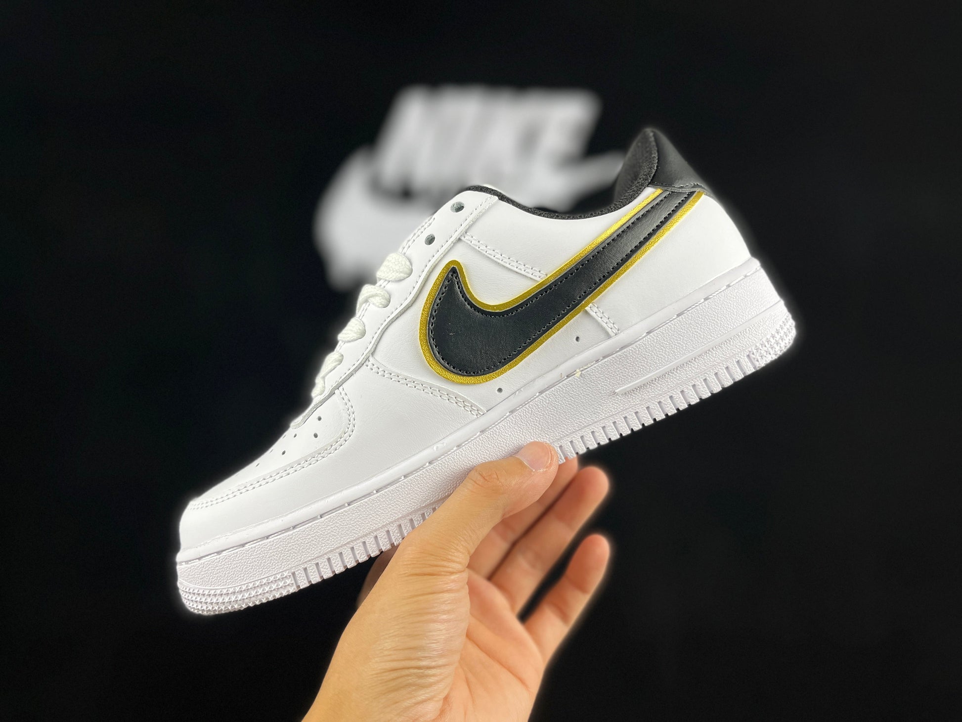 NIKE Air Force 1 'double Swoosh White - - Gold' - Black Unisex Streetwear Limited Edition - **Nike Air Force 1 'Double Swoosh White/Black/Gold'** The Nike Air Force 1 'Double Swoosh White/Black/Gold'